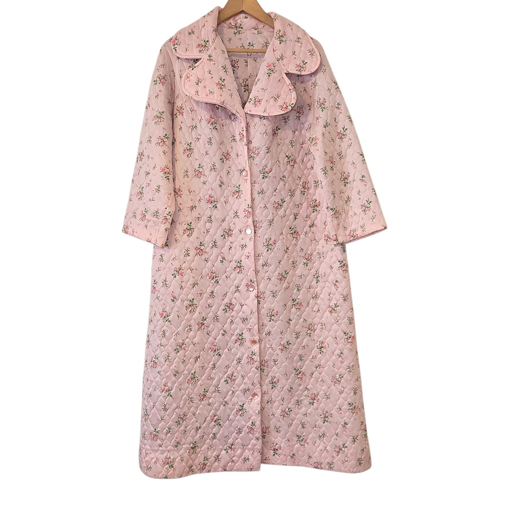 Vintage Quilted Pink Floral Long Housecoat RARE 2X